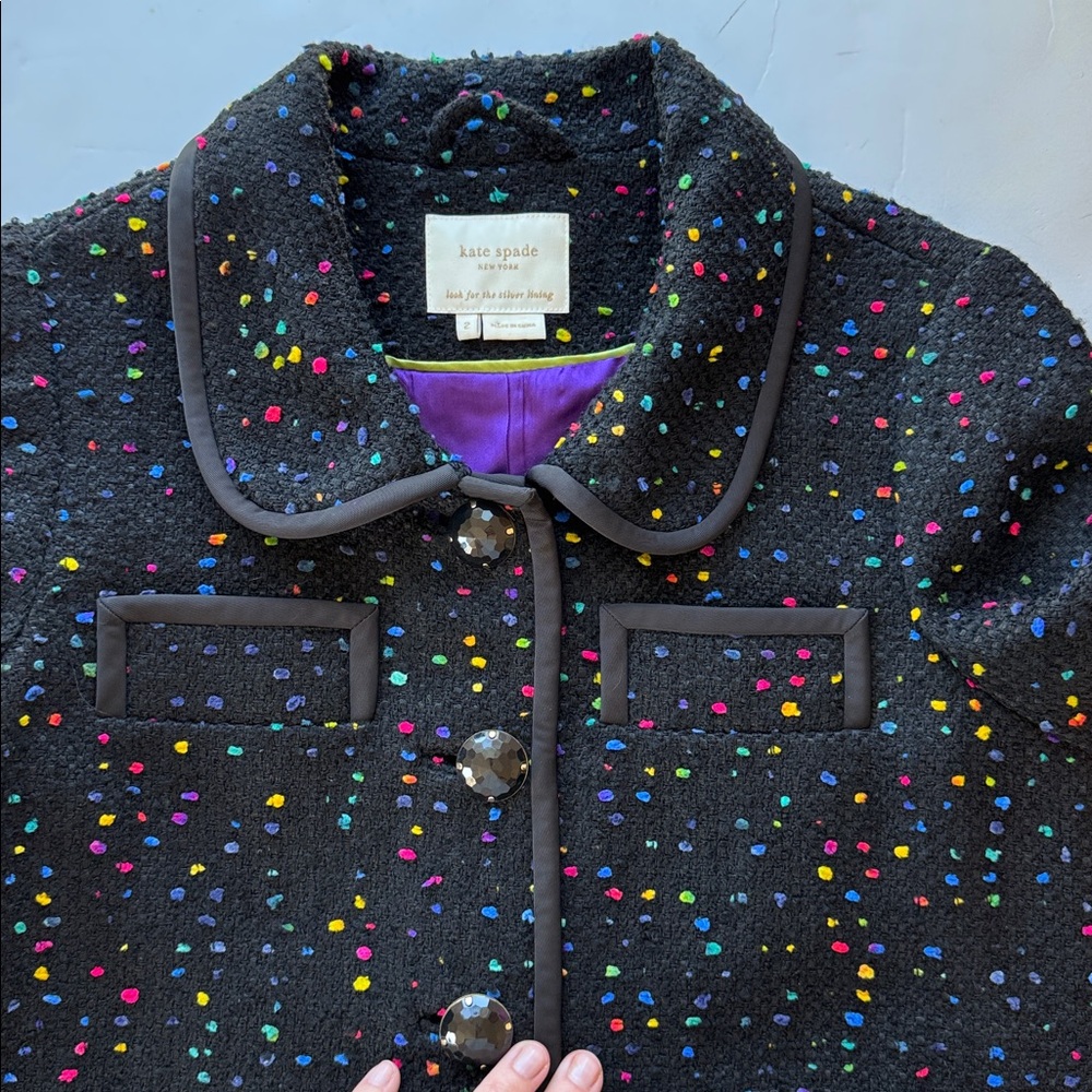 KATE SPADE Womens Cropped Black Addie Rainbow Speckled Tweed Wool Blend Jacket 2